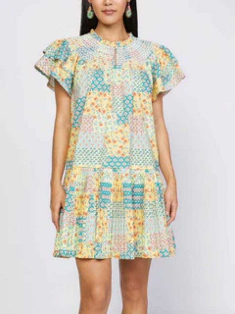 Current Air Multicolor Patchwork Midi Dress in Teal and Yellow